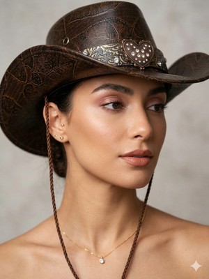 Freya Vintage Kahverengi Kovboy Şapka – Klasik Western Tarz Deri Görünümlü Şapka