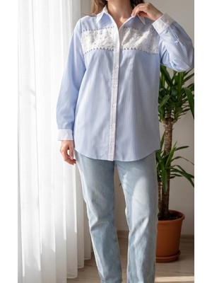 Morvarid Çizgili Kadın Gömlek Dantel ve Inci Işlemeli Taş Detaylı