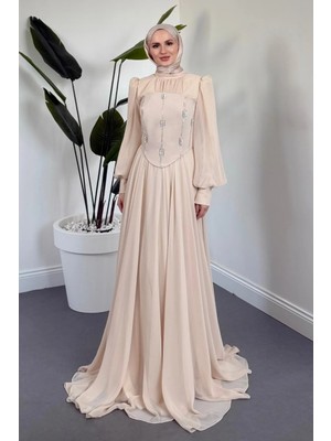 Merven Akyüz  Saphielle Seyyar Taşlı Korseli Abiye Krem