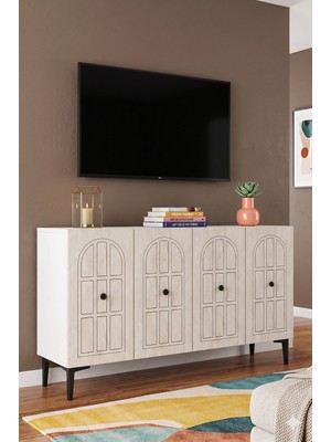 Yumedi Design KA1218BT - Arona Konsol, Tv Sehpası, Çok Amaçlı Dolap ve Kahve Köşesi 120CM Beyaz-Traverten