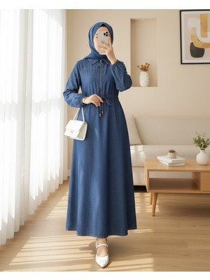 Moda Morfo Yarım Fermuarlı Tünel Bağcıklı Kot Elbise -Indigo