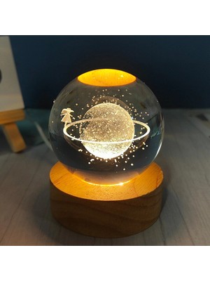 Nemere Dekoratif Satürn Kız Tasarımlı Ahşap Altlıklı Işıklı Cam Küre Büyük Boy Cam: 8 cm Ahşap 2 cm