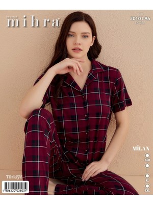 50101-96 Milan Düğmeli Bordo Kısa Kol Ekose Desenli Pijama Takım