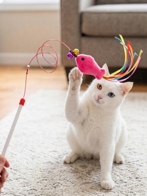 Mucit Home Balıklı Kedi Oyun Oltası Balıklı Kuyruklu Dikkat Çekici 90 cm -Eğlenceli Olta