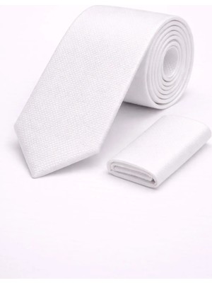 Beyaz Armürlü Desenli Kravat & Mendil Seti