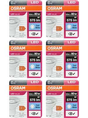 Avarson (6 Adet) Ledvance 6,9W GÜNIŞIĞI-ILIK Beyaz (4000K) GU10 Duylu LED Spot Ampul