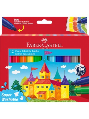 Graf Von Faber-Castell Faber-Castell Jumbo Keçeli Kalem Seti, 12 Renk, Geniş Yuvarlak Uç, Yıkanabilir Su Bazlı Mürekkep, Ba