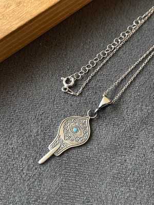 Aida Jewelss 925 Ayar Gümüş El Işlemesi Firuze Taşlı Anahtar Şans Gümüş Kolye 45CM