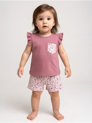 Deco Çiçek Desenli Kız Bebek Şortlu Takım – Cepli Kolsuz Üst & Lastikli Şort Yazlık Pamuklu 0-3 Yaş 2’li Takım