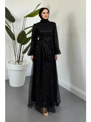 Merven Akyüz Celeste Pul Payet Abiye Siyah