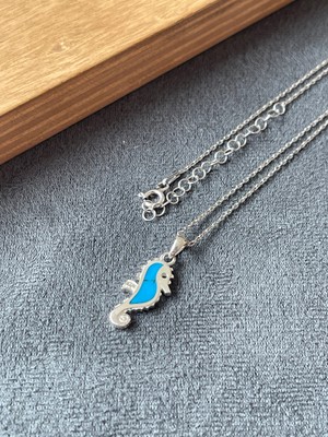 Aida Jewelss 925 Ayar Gümüş Sıkma Turkuaz Taşlı Tasarım Deniz Atı Gümüş Kolye 45CM