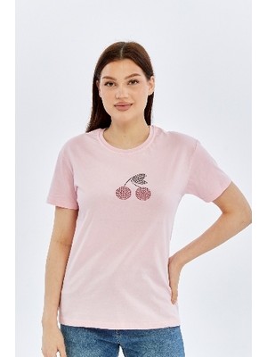 Trender Nakış Baskı O Yaka Kadın T-Shirt Kiraz Somon
