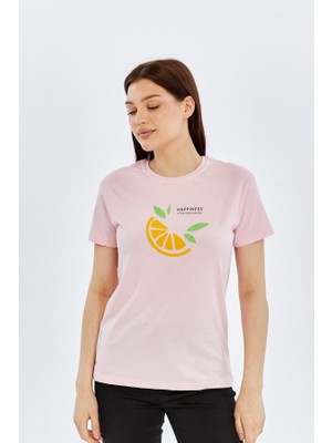 Trender O Yaka Relaxed Fit Kadın T-Shirt Limon Şeker Pembe