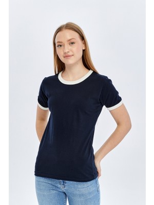Trender Biyeli O Yaka Kadın T-Shirt Basic Laci-Ekru