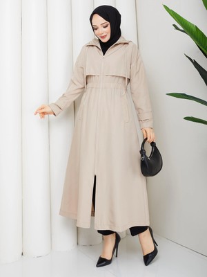 Günay Karaca Ahval Tesettür Yazlık Ince Astarsız Trençkot Fermuarlı Araboy 1001 Bej 130CM