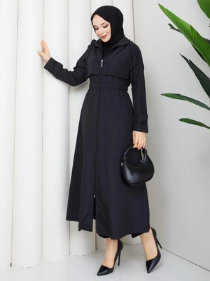 Günay Karaca Ahval Tesettür Yazlık Ince Astarsız Trençkot Fermuarlı Araboy 1001 Siyah 130CM