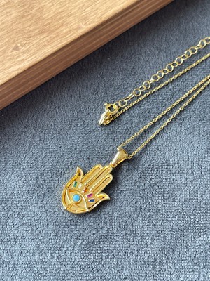 Aida Jewelss 925 Ayar Gümüş Doğal Taşlı Özel Tasarım Fatma Ana Eli Kolye 45CM