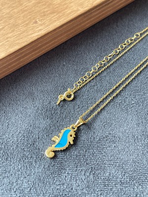 Aida Jewelss 925 Ayar Gümüş Sıkma Turkuaz Taşlı Tasarım Deniz Atı Gümüş Kolye 45 cm