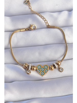 İsingir Shopping Çelik Gold Renk Zirkon Taşlı Nazarlı Tasarımlı Bileklik