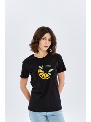 Trender O Yaka Relaxed Fit Kadın T-Shirt Limon Siyah