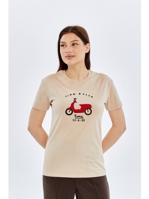 Trender Bella O Yaka Relaxed Fit Kadın T-Shirt Cıao Taş