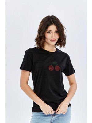 Trender Nakış Baskı O Yaka Kadın T-Shirt Kiraz Siyah