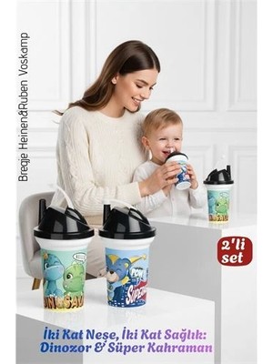 Pazarcan Çocuk Pipetli Bardak Seti 2'li Dinozor & Süper Kahraman Ikili Eğlenceli Kapaklı Suluk