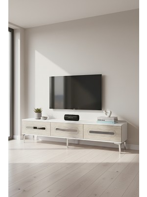 Ceneyra TSA1806BTS - Rany TSA180 Tv Stand, Tv Sehpası ve Tv Ünitesi 180CM Beyaz-Traverten-Silver