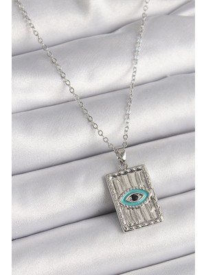 İsingir Shopping Çelik Gümüş Renk Zirkon Taşlı Göz Işleme Detaylı Plaka Model Kadın Kolye