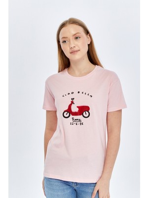Trender Bella O Yaka Relaxed Fit Kadın T-Shirt Cıao Toz Pembe