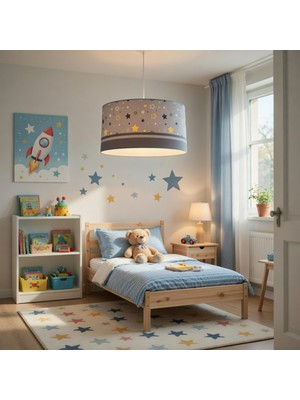 PremiumPort Gri ve Sarı Yıldız Desenli Çocuk Odası Şık Avize, Zarif Aydınlatma Seçeneği