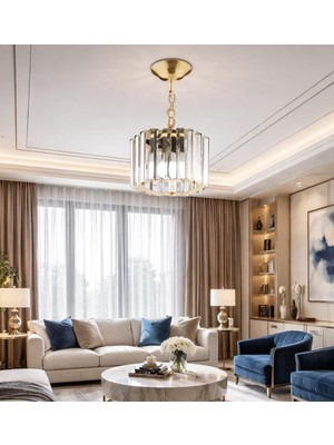 PremiumPort Altıgen Kristal Taşlı Gold Sarkıt Avize, Salon, Mutfak, Hol ve Oda Dekoru
