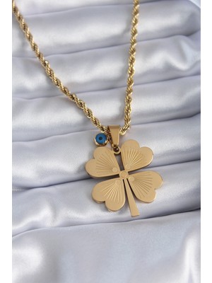 Pazarcan Çelik Gold Renk Burgu Model Işlemeli Yonca Figür Nazar Boncuk Detay Kadın Kolye