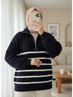 Moda Morfo Yarım Fermuarlı Yan Çizgili Triko Kazak  -Laci