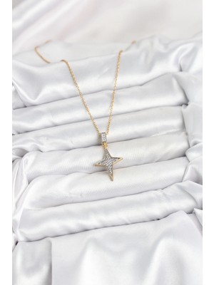 İsingir Shopping Çelik Zincir Gold Renk Kutup Yıldızı Model Zirkon Taşlı Kadın Kolye