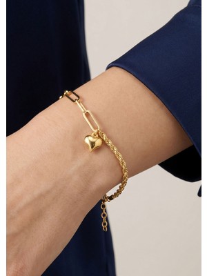 Bilezikci 14 Ayar Altın Halat Burgu Zincir Bileklik - Kalp Figürlü