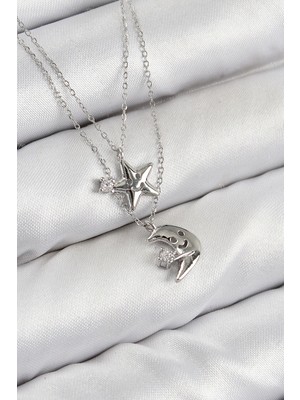 İsingir Shopping Pirinç Zirkon Taşlı Yıldız Ay Model Gümüş Renk Kadın Kolye