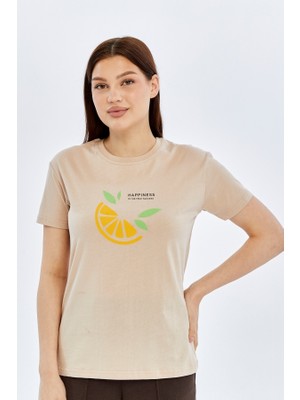 Trender O Yaka Relaxed Fit Kadın T-Shirt Limon Taş