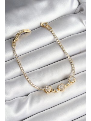 İsingir Shopping Pirinç Sıralı Figürlü Zirkon Taşlı Gold Renk Kadın Bileklik