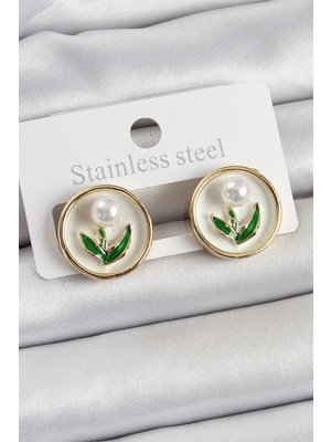 İsingir Shopping Pirinç Beyaz Mineli Lale Figürlü Sanatsal Portre Model Gold Renk Kadın Küpe