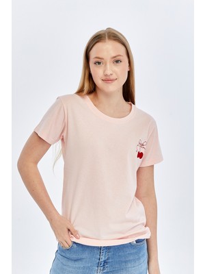 Trender O Yaka Relaxed Fit Kadın T-Shirt Kiraz Şeker Pembe