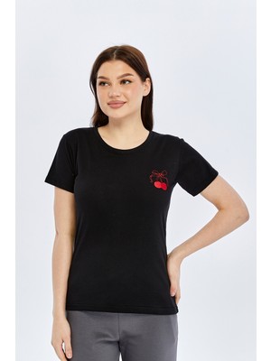 Trender O Yaka Relaxed Fit Kadın T-Shirt Kiraz Siyah
