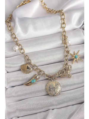 İsingir Shopping Çelik Gold Renk Zincir Sallantılı Çoklu Figür Model Kadın Kolye