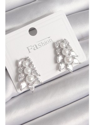 İsingir Shopping Pirinç Gümüş Renk Zirkon Taşlı Yaprak Model Inci Detay Kadın Küpe