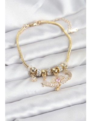 İsingir Shopping Pirinç Gold Renk Kanatlı Charmlı Kadın Bileklik