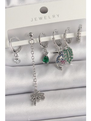 İsingir Shopping Pirinç Gümüş Renk Sallantı Zirkon Taşlı Ağaç Figür Çoklu Kadın Küpe Seti