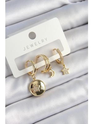 İsingir Shopping Pirinç Zirkon Taşlı Yıldız Ay Model Gold Renk 3'lü Çift Kadın Küpe Set