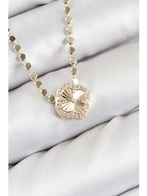 İsingir Shopping Pirinç Zirkon Taşlı Yonca Model Ezme Zincir Gold Renk Kadın Kolye