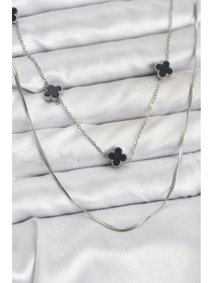 İsingir Shopping Çelik Zincir Gümüş Renk Italyan Zincirli Siyah Yonca Model Kadın Kolye