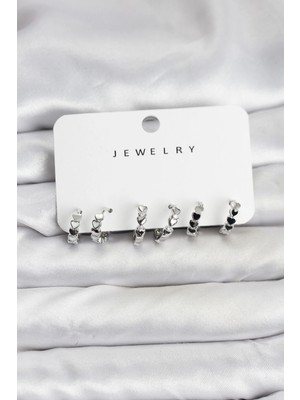 İsingir Shopping Gümüş Renk Pirinç Detaylı Kadın Küpe Seti